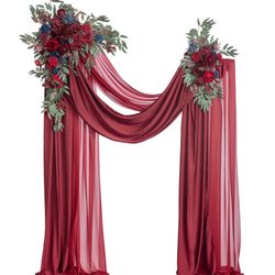 Ling's Moment Burgundy Artificial Wedding Arch Flowers Kit Pack Of 4, 2pcs Hanging Flower Arrangement 2pcs Chiffon Drapes Ceremony Reception Fake Rose