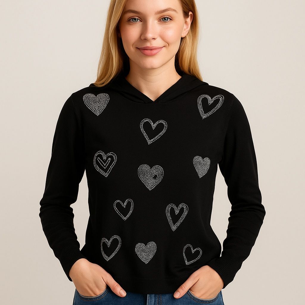 black hooded sweater, sprinkled with shimmering rhinestone heart designs that add the perfect touch of sparkle.