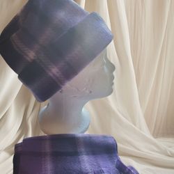 New Purple Plaid Fleece Pillbox Hat/Scarf Set Adult sz Hand Crafted