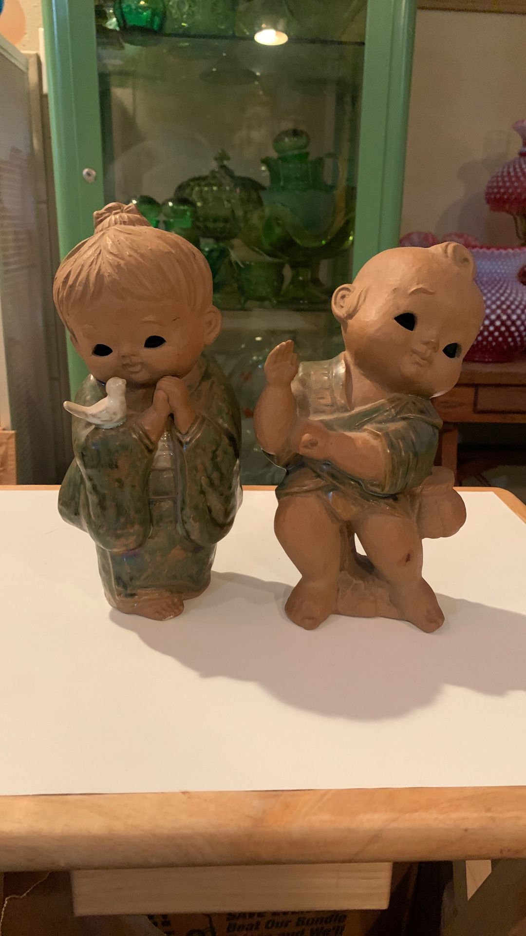 Vintage Toyo Japanese Folk Art Clay Pottery Figurine Ceramic Small Boy & Girl