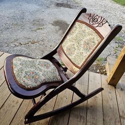 Antique Folding Wooden Rocking Chair Floral Tapestry Victorian Style Vintage

