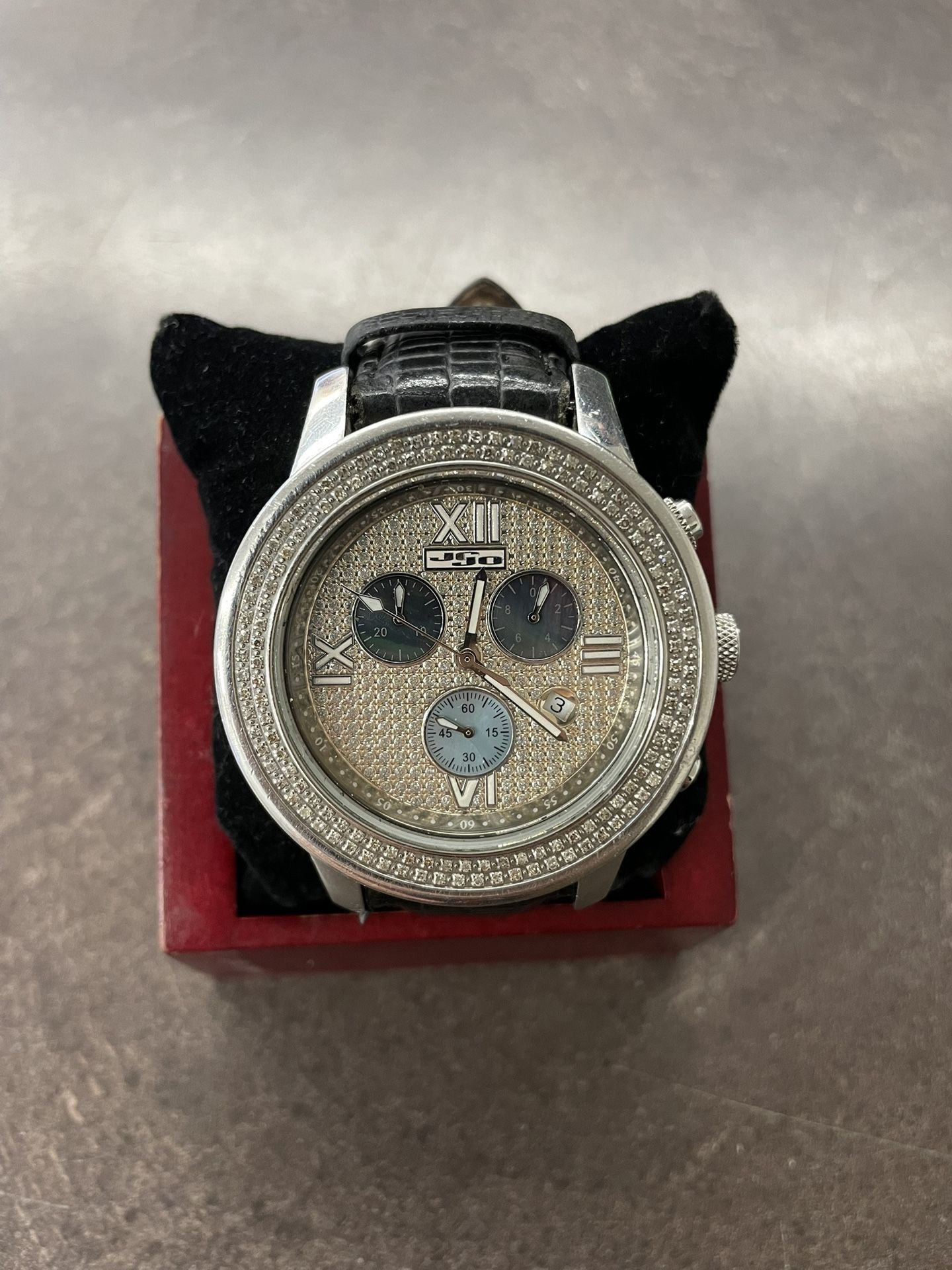 JoJo JJO-0356 Diamond Watch Chronograph Calendar Swiss 47mm Black Leather Strap