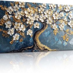 SERIMINO Tree of Life Large Canvas Wall Art, Abstract Gold Tree Modern Office Decorations, Nature White Floral Artwork for Walls, Navy Blue Pictures W