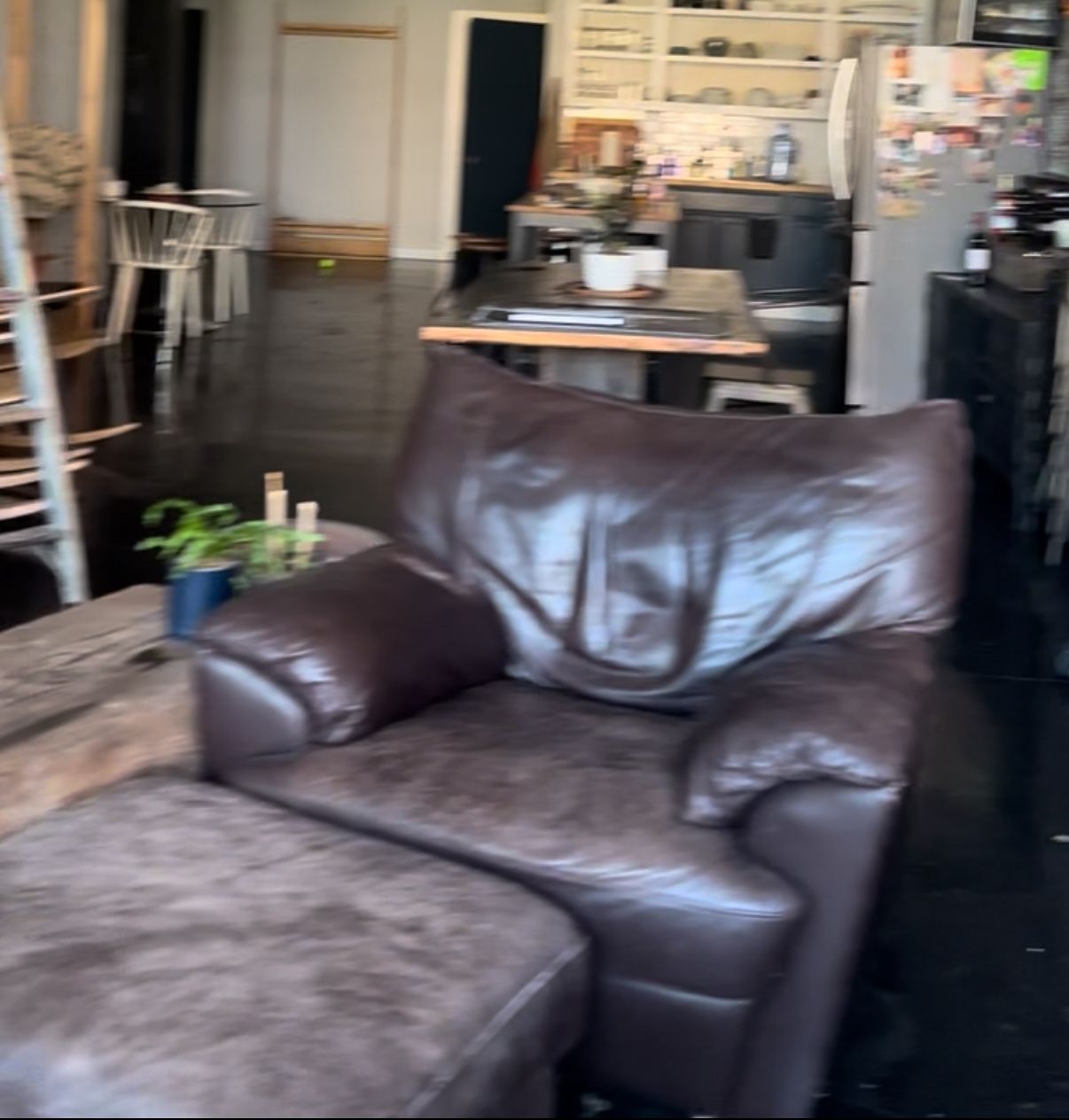 (2) Brown Leather Armchair With Matching Ottoman (worn)