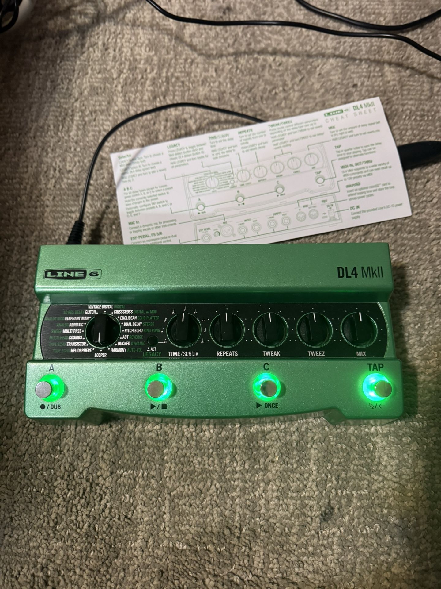 Line 6 dl4 mkii with warranty cheat sheet and power supply.