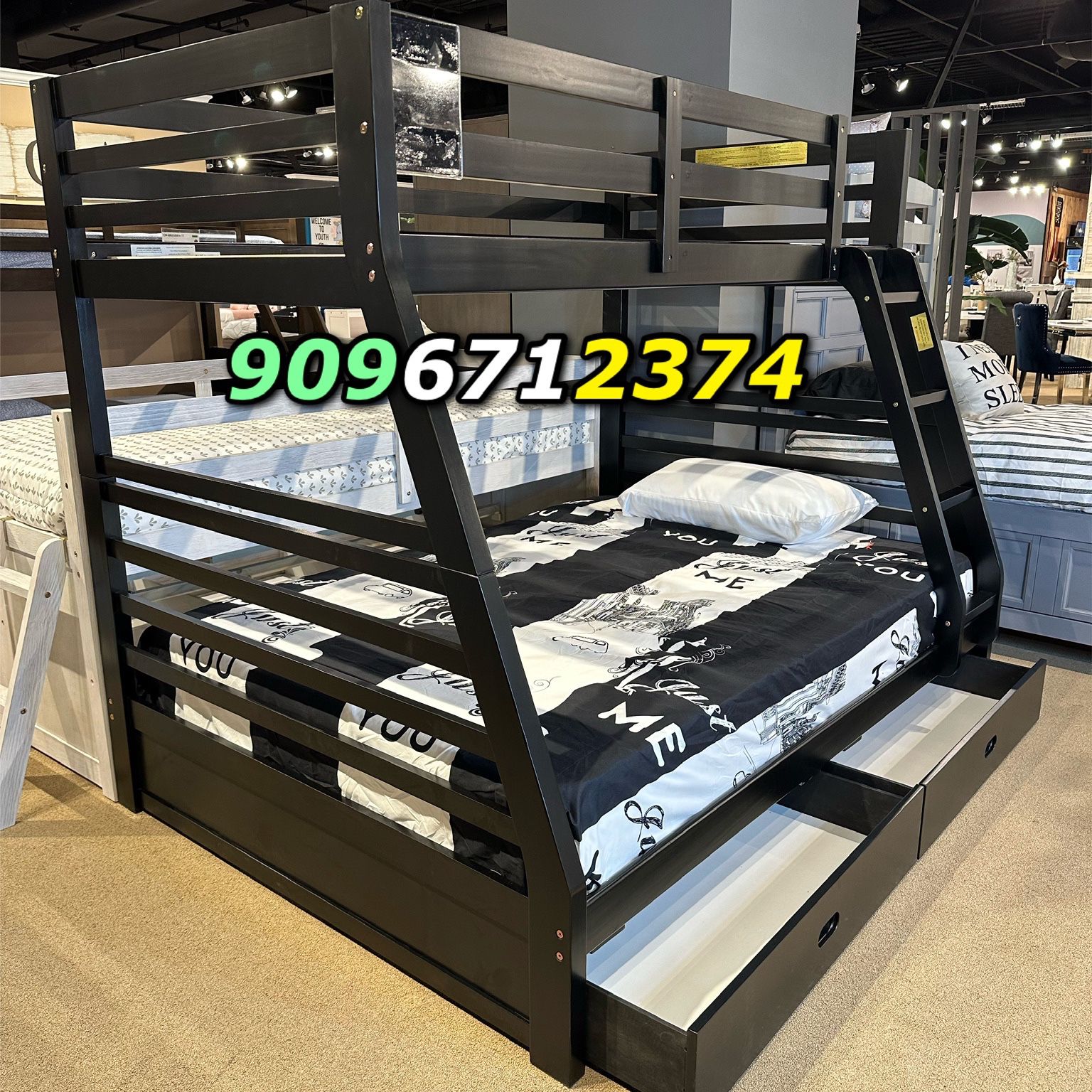 Twin/Full Black Bunk bed w. Drawers & Ortho Mattresses Included 