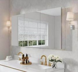 New in Box ROSA 60 in. W x 30 in. H Rectangular Aluminum Tri-View Medicine Cabinet with Mirror, Blum