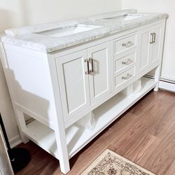 Brand New 61” Double Sink Bathroom Vanity - White with Carrara Marble