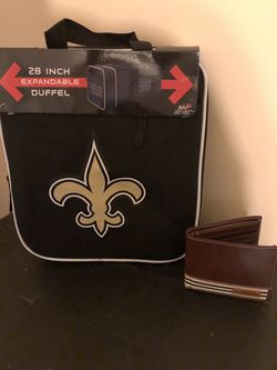 New Orleans Saints duffle bag and trifold leather wallet