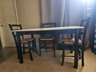 51" Marble Dining Table Set – w/ Black Wood & Thatched Chairs