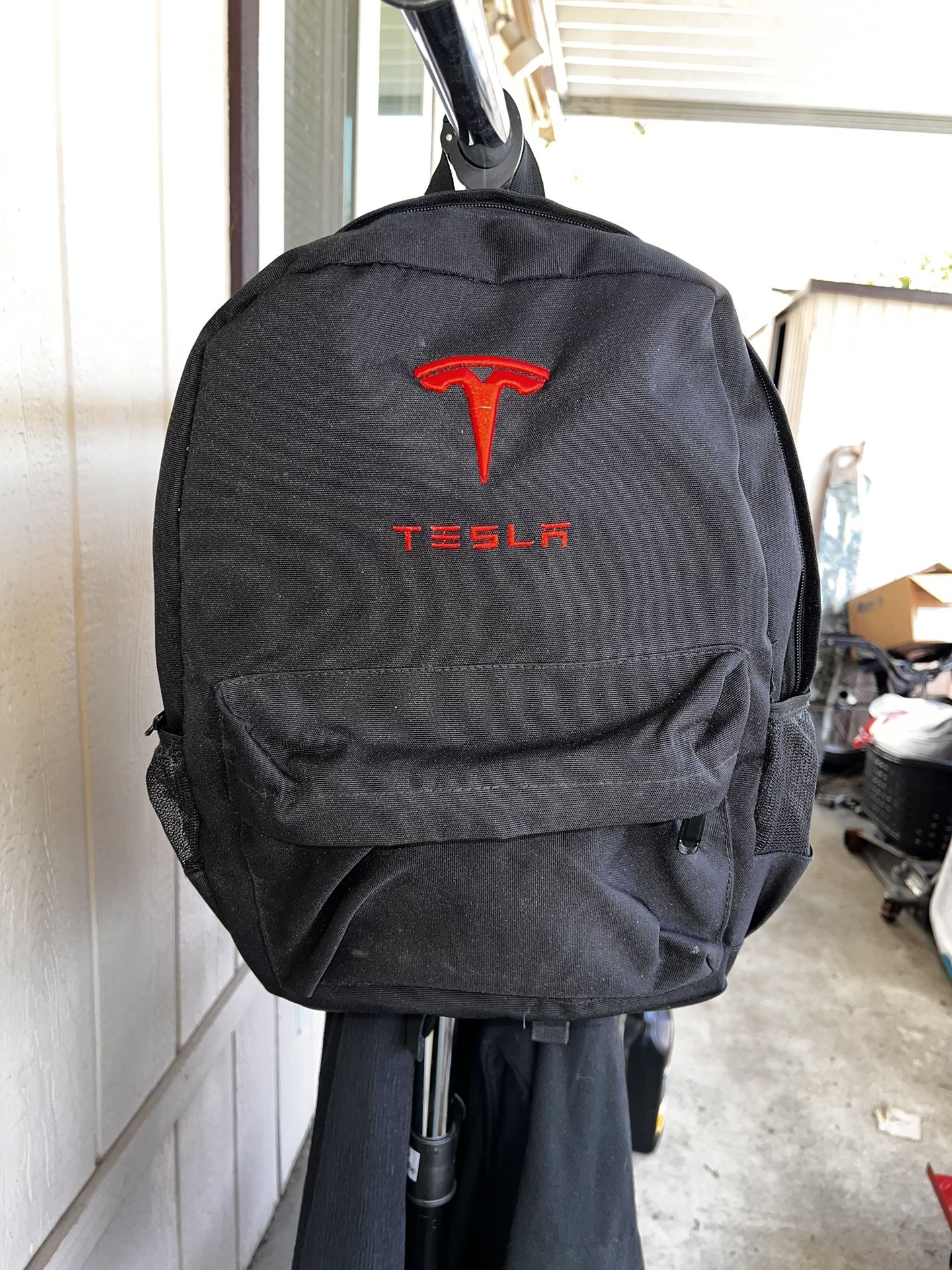 Tesla Embroidered Backpack In Black And Red