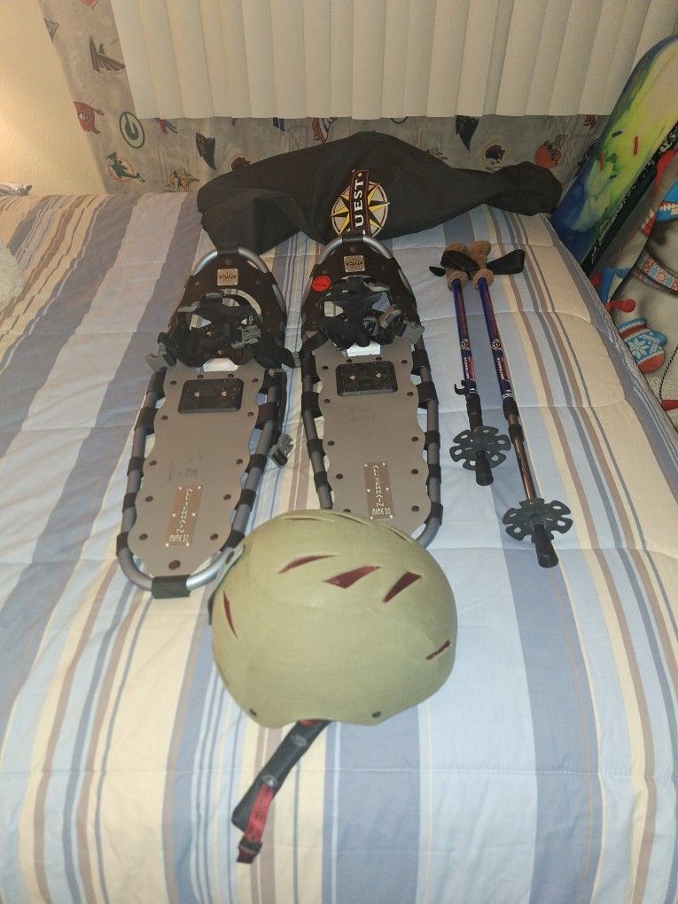 LIKE NEW SNOWSHOES SNOW HELMET POLES STICK . & BAG. EVERYTHING $150. FIRM PRICE