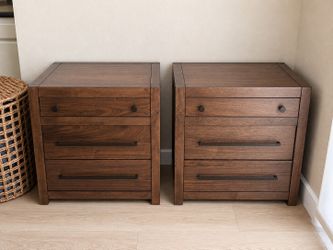 Set of two nightstands from living spaces. USB powered, Brown walnut, Sawyer collection