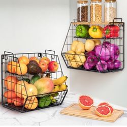 3 Tier Fruit Basket for Kitchen with Bamboo Cutting Board, 2 Set Pantry Kitchen Organizers and Storage, Stackable Wire Wall Basket, Onion Potato Veget