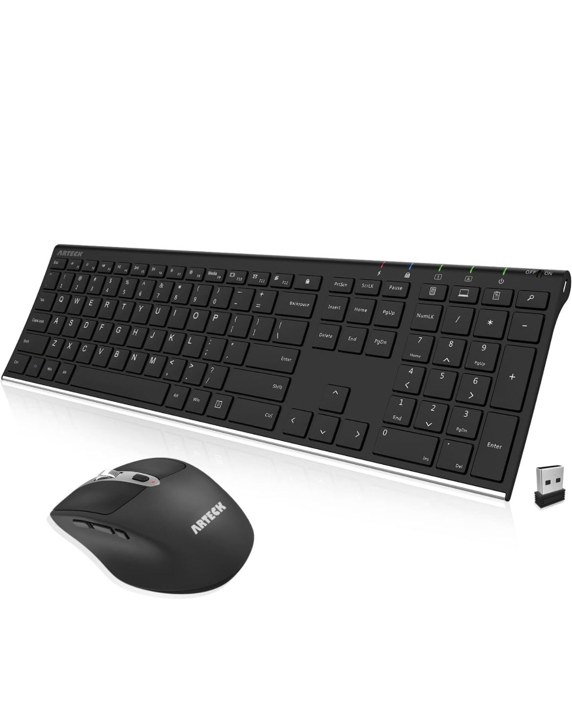 Arteck 2.4G Wireless Keyboard and Mouse Combo Stainless Full Size Keyboard and Ergonomic Mouse with Side Buttons for Computer Desktop PC Laptop and Wi