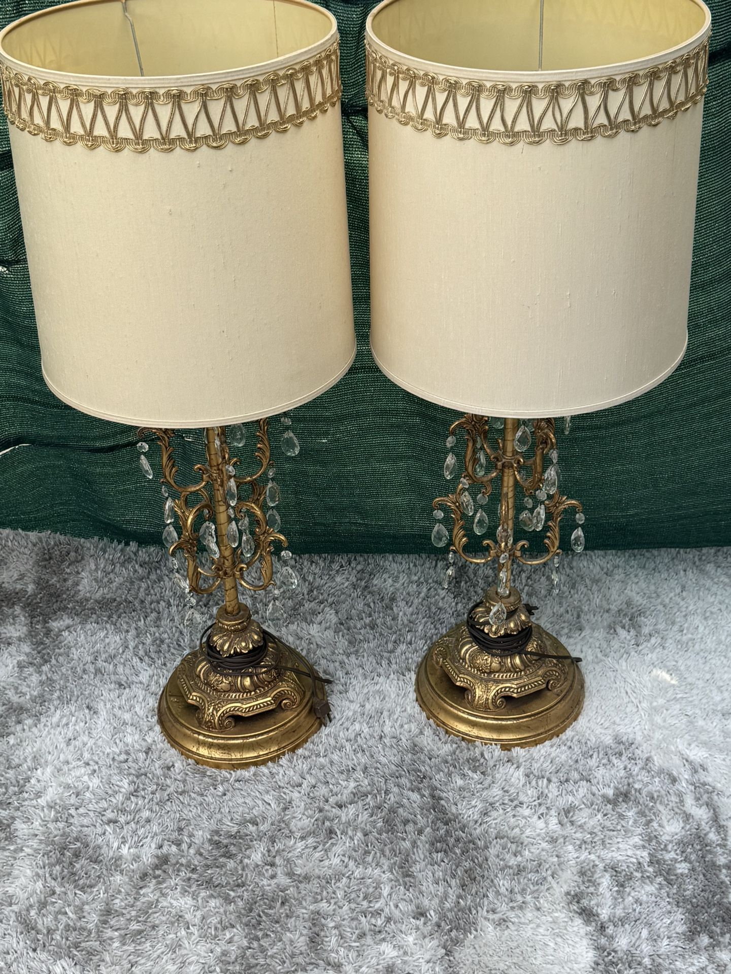 Two Rare Vintage   Brass Lamps With Ornate Hanging Crystals