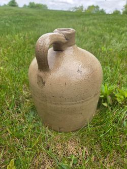 Vintage Antique Unsigned Art Pottery Tan Cream Drip Glazed Stoneware Handled Jug