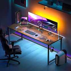 63 inch Small Computer Desk with Power Outlet for Small Spaces Home Office Student Laptop PC Writing Desks with Storage Bag Headphone Hook, Vintage