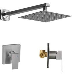 Shower Faucet Set Brushed Nickel, Single Function Shower Trim Kit with Rough-in Valve, Square Rain Shower Head System Included Extra Long Shower Arm f