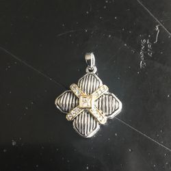 Silver Tone Textured Pendant With Clear CZs And Gold Trim