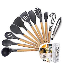 Kitchen Utensil Set Silicone Cooking Utensils 11Piece - Cooking Utensils Set with Bamboo Wood Handles for Nonstick Cookware,Non Toxic Turner Tongs Spa
