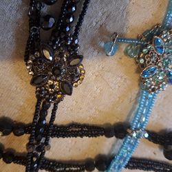 2 Neclaces Chokers Beaded  Crystal Baby Blue And Black 