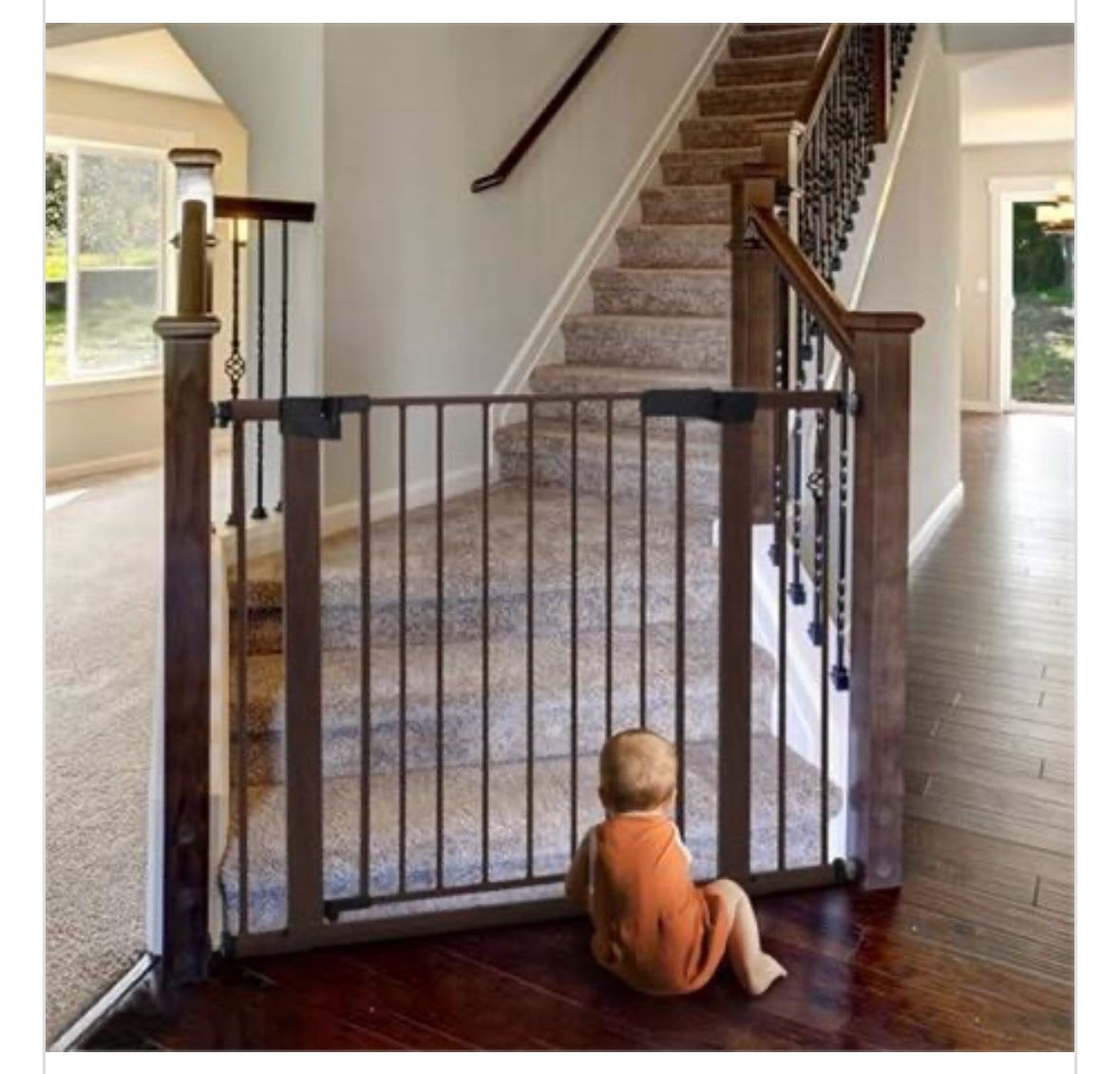 BABELIO 29-40" Metal Baby Gate with Black Wood Pattern, Auto Close