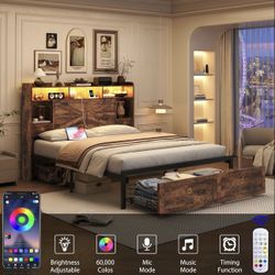 NEW-Queen Bed Frame with 4 Drawers Bookshelf Headboard, Farmhouse Bed Frame with Charging Station & LED Lights, Metal Slats Support, Noise Free, No Bo