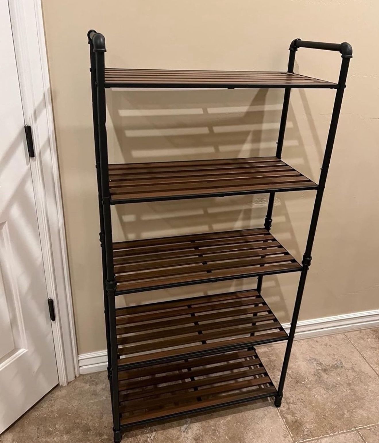 Bathroom Shelves, 5-Tier Storage Rack, Plant Flower Stand, 25.5 x 12.2 x 51 Inches, for Living Room, Balcony, Kitchen, Rustic Brown and Black UBSC26BX