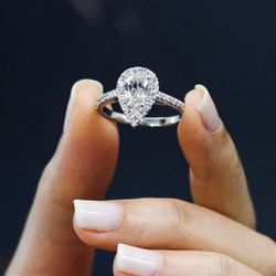 925 Silver Ring Pear Cut Simulated Diamond Wedding Ring Sz 7