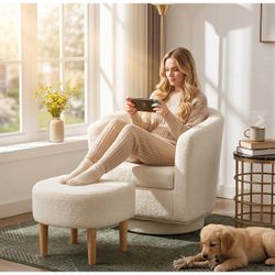 Upholstered Linen 27.6" Wide Swivel Barrel Chair with Ottoman