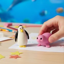 (Lot Of 2) 3D Puzzle 1" Miniature Multi-Color Eraser Figural Penguin And A Seal. The items shown are animal-shaped puzzle erasers, specifically a peng