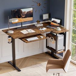 57.5" x 31.5" Standing Desk Adjustable Height L-Shaped Electric Sit Stand Office Computer Table with Keyboard Tray, Rustic Brown