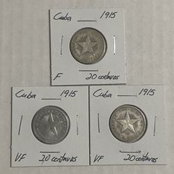 (3) 1915 Cuba 20 Centavos Silver Coin 