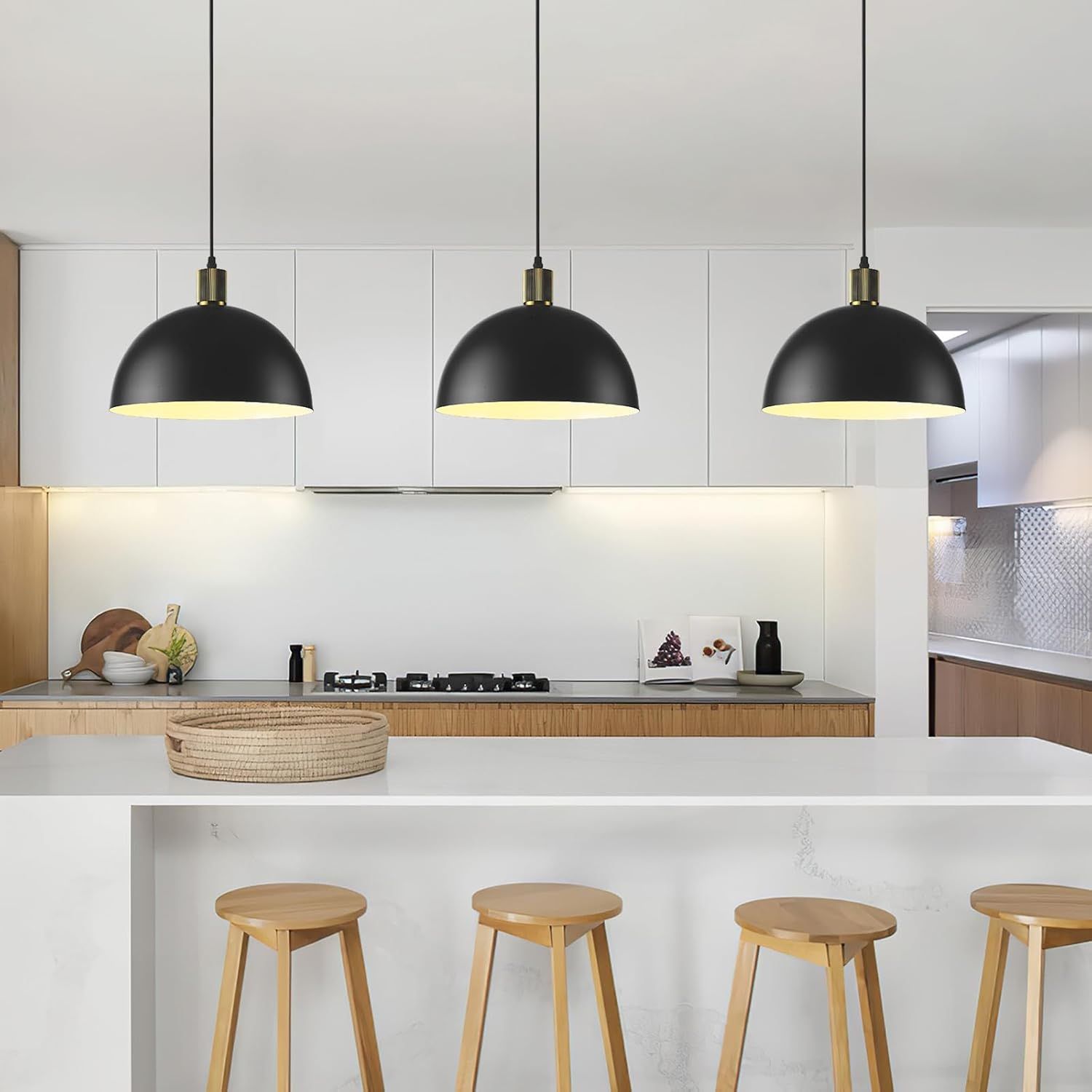 Modern Pendant Light Set - 3 Pack Black & Gold Kitchen Island Lights