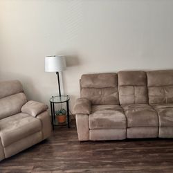 Beige Reclining Sofa & Matching Recliner and TV Stand– Clean & Comfortable