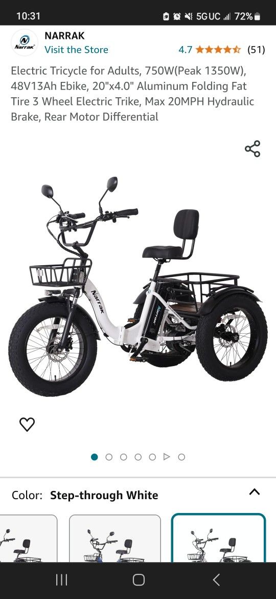NARRAK Electric Tricycle for Adults, 750W(Peak 1350W), 48V13Ah Ebike, 20"x4.0" Aluminum Folding Fat