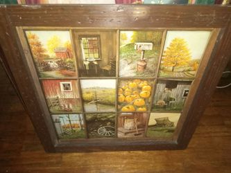Vintage homeco b Mitchell 12 window pane fall harvest picture