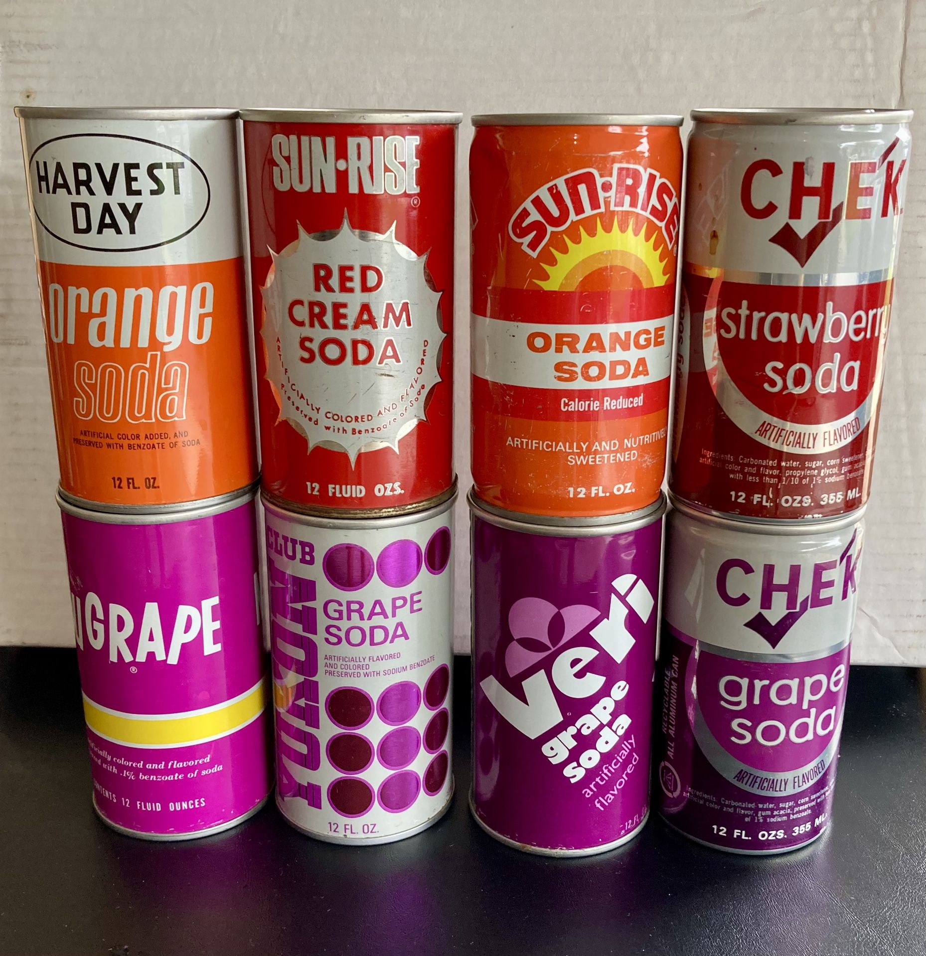 Vintage 1970’s Orange, Grape, Strawberry, Red Cream Soda Pop Cans.