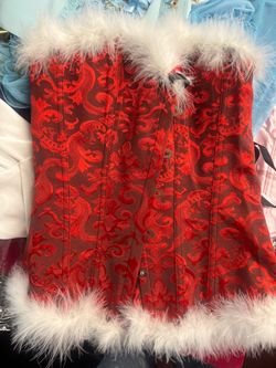 Red Brocade Corset with White Fur Trim