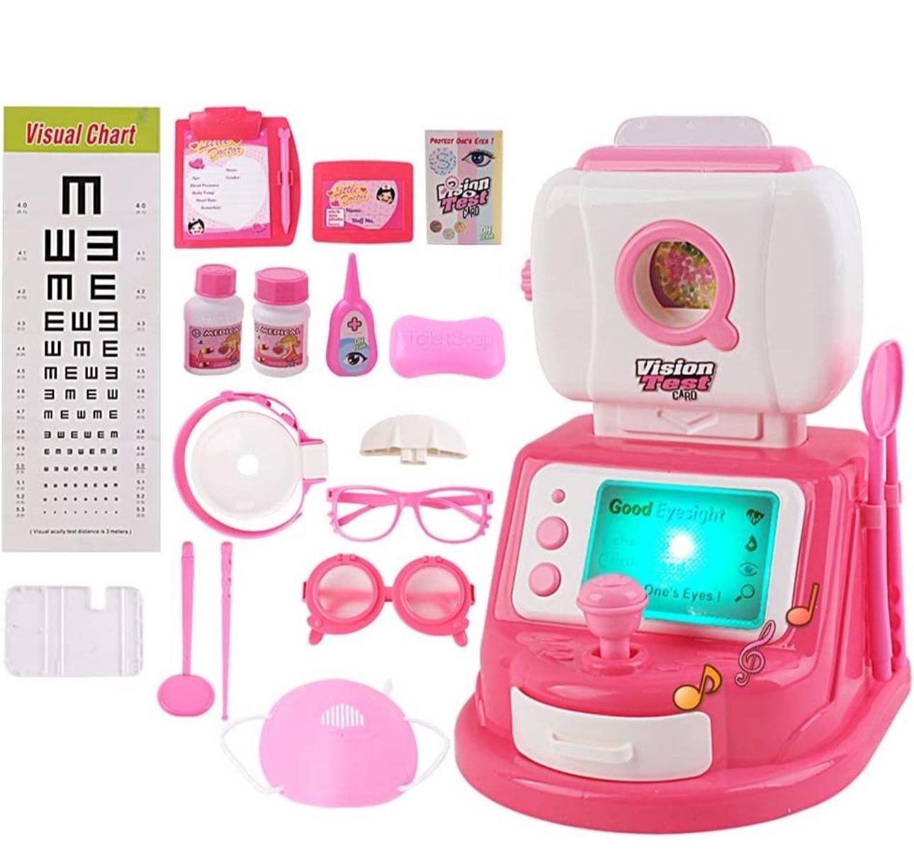 Doctor and ophthalmologist kit, including medical accessories, kids' sound and lighting features (pink)