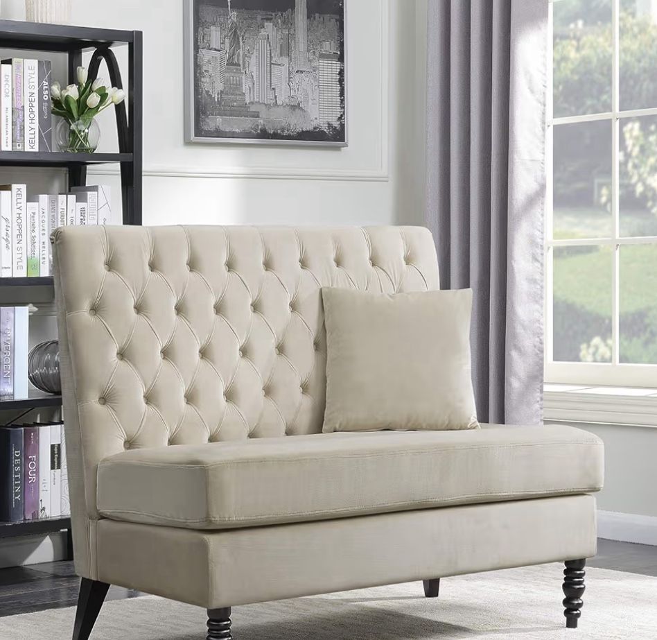 Modern Tufted Velvet Settee Bench, Elegant High Back Upholstered Plush Loveseat Sofa for Living Room or Bedroom, Victorian Style - Georgetown (Beige)