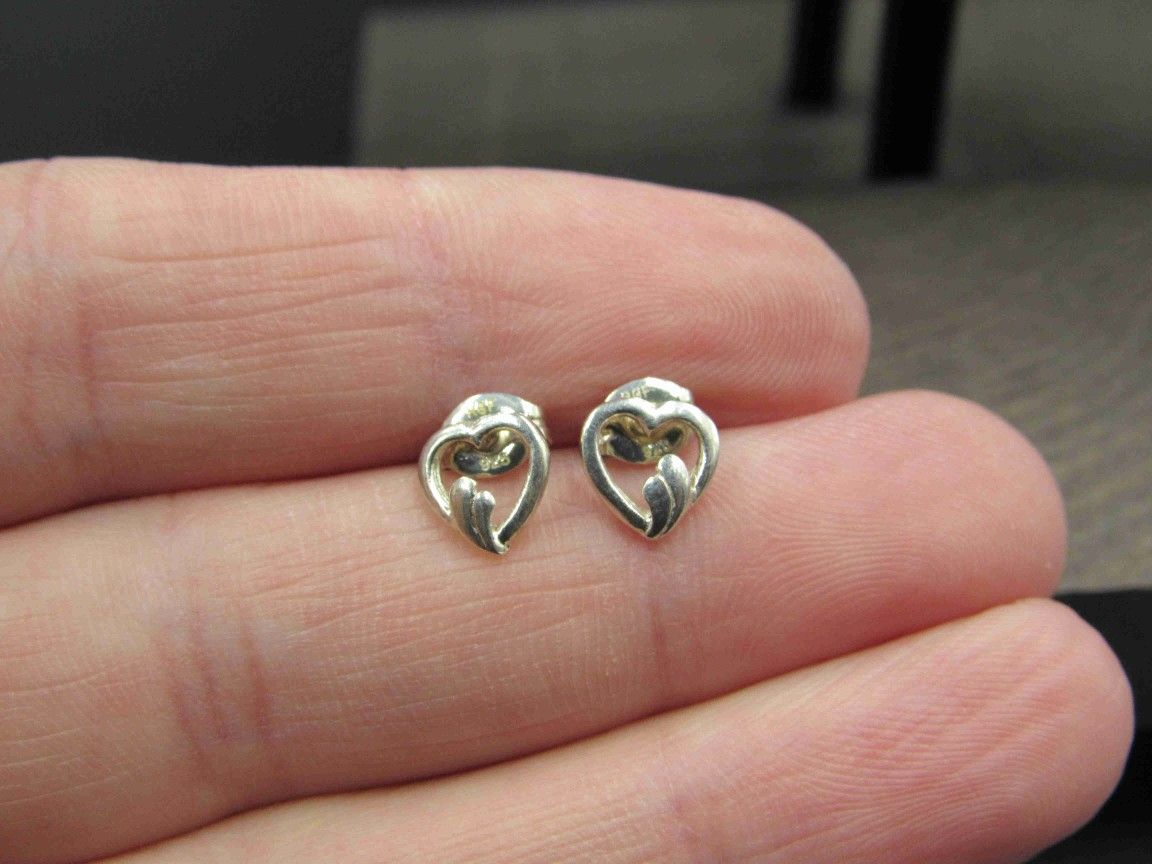 Sterling Silver Tiny Odd Heart Stud Earrings Vintage Wedding Engagement Anniversary Beautiful Everyday Minimalist Cute