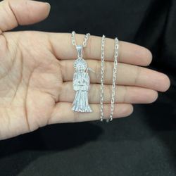 925 Sterling Silver Mens Womens Santa Muerte Grim Reaper & Forz Chain