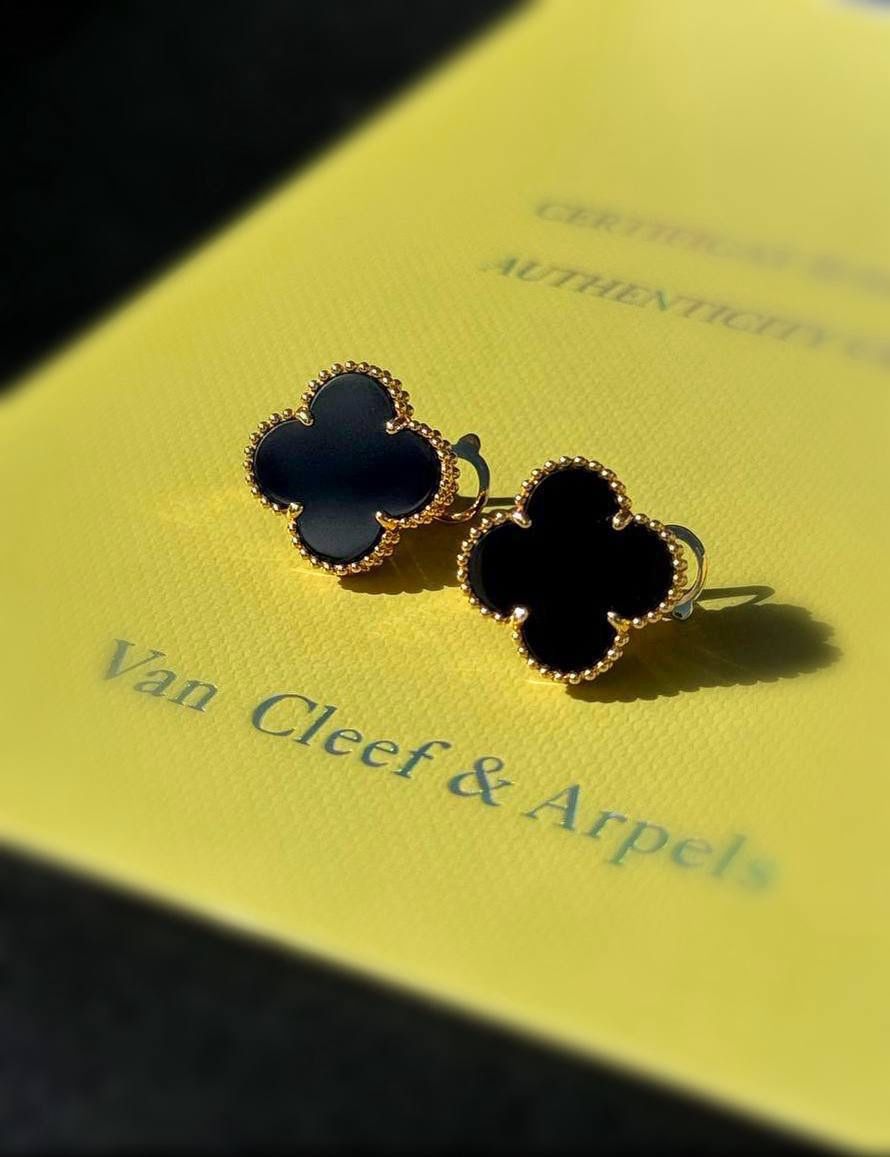 18k yellow gold Van Cleef style Alhambra Black Onyx stone clover clip back earrings