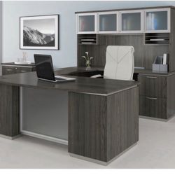 U Shaped Desk With Glass Modesty And Hutch