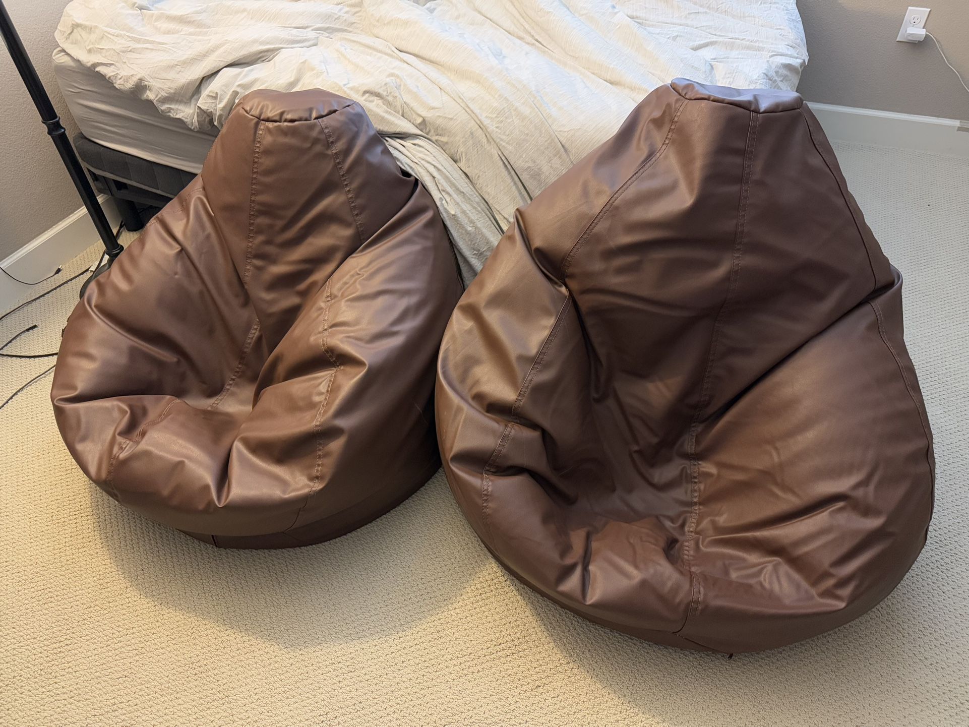 Two Brown Faux Leather Bean Bag Chairs 