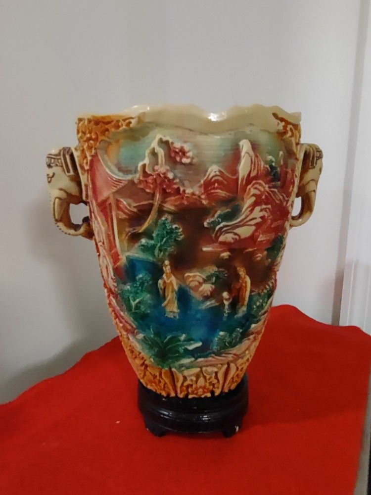 Vintage Chinese Style Carved Resin Vase Home Decor Decoration Flower Display Asian Family Oriental Life Elephants Lovely Vase;10 inches Tall x 7 inche