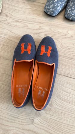 Hadleigh's Navy Blue Loafers with Orange Monogram