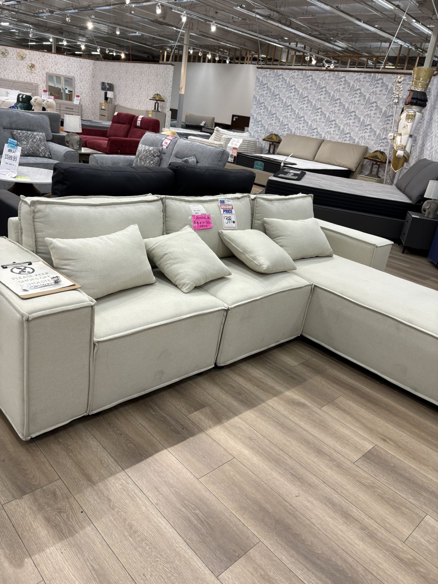 NEW BIEGE SOFA WITH CHAISE AND PILLOWS